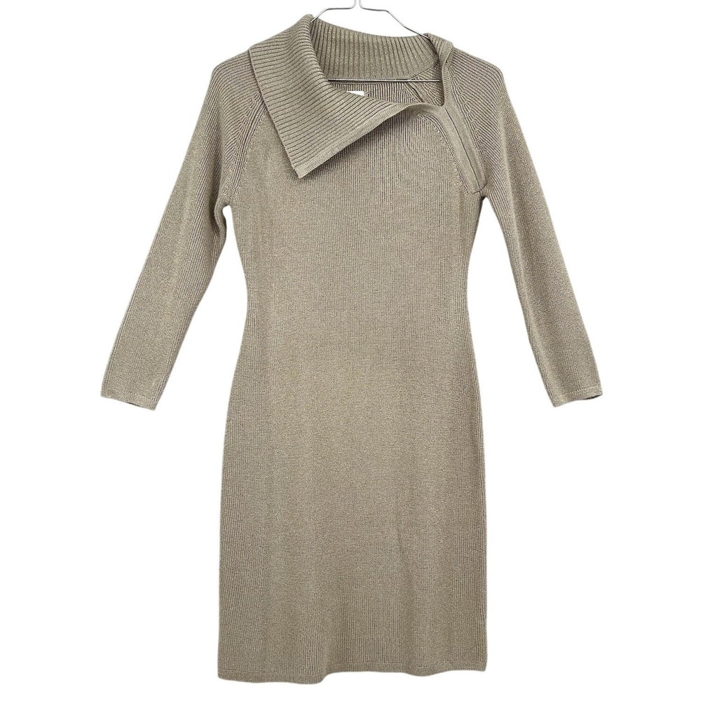 Calvin Klein Gold Shimmer‎ Sweater Dress Split Cowl Neck Women's M
